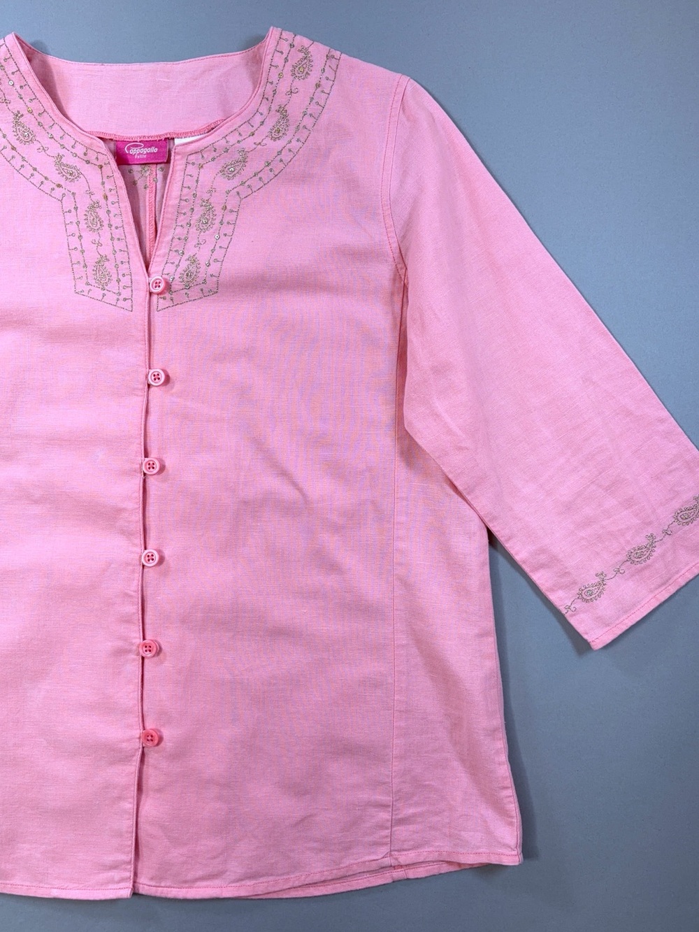 Pappagallo Petite Pink Linen Cotton Embroidered Sequined Tunic Blouse Top Boho